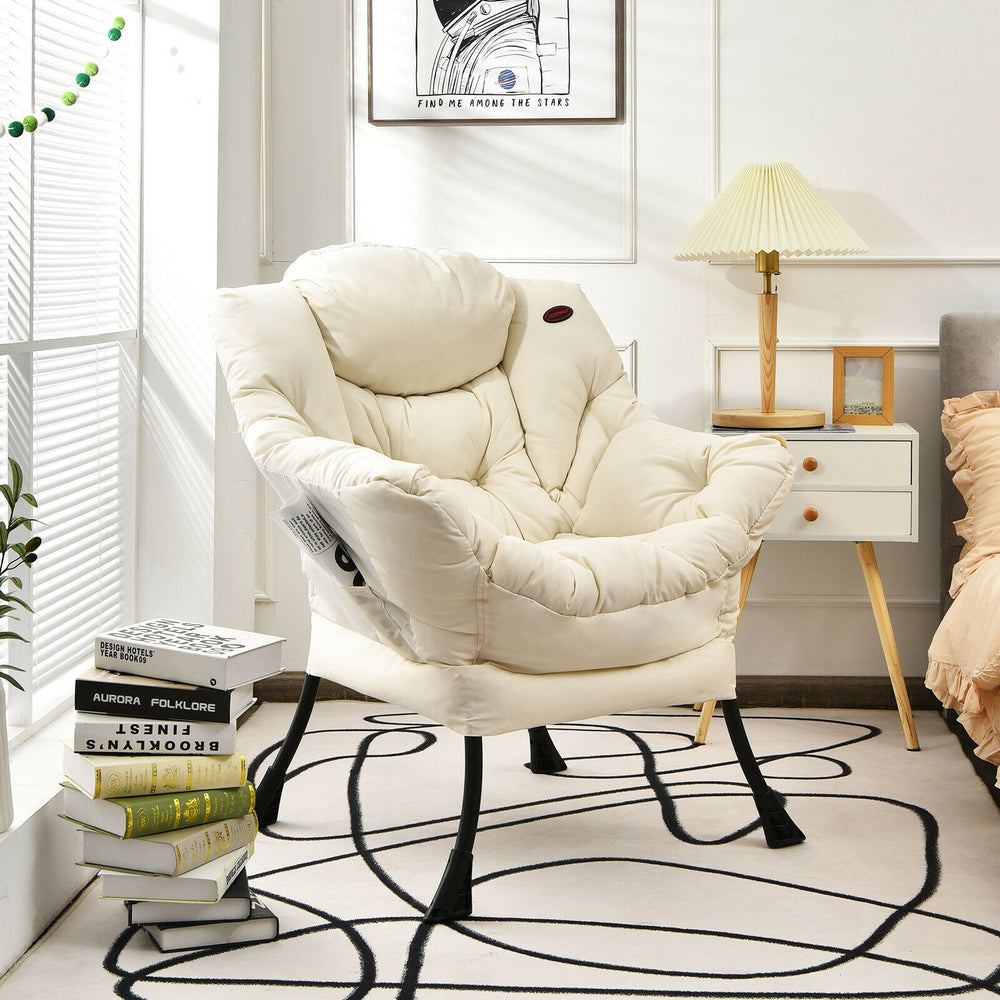 Beige modern lazy chair with thick upholstery, ergonomic design, and steel frame, perfect for reading or gaming.