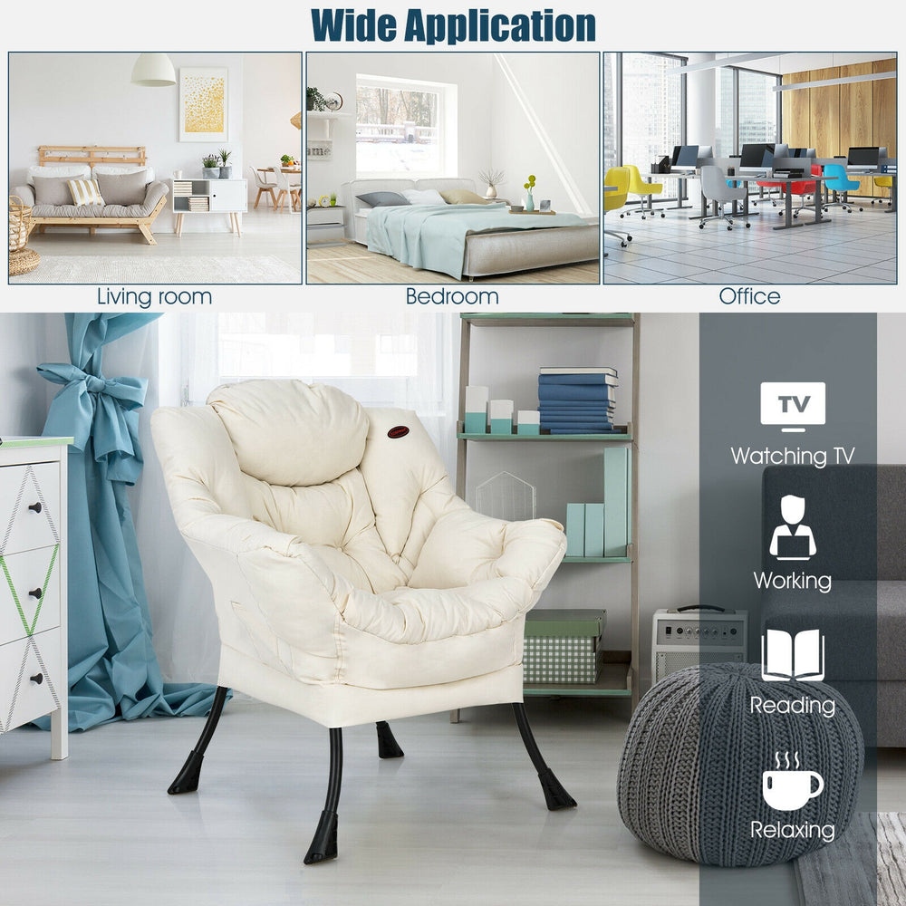 Beige modern polyester fabric lazy chair with steel frame, ideal for living room, bedroom, or office relaxation.
