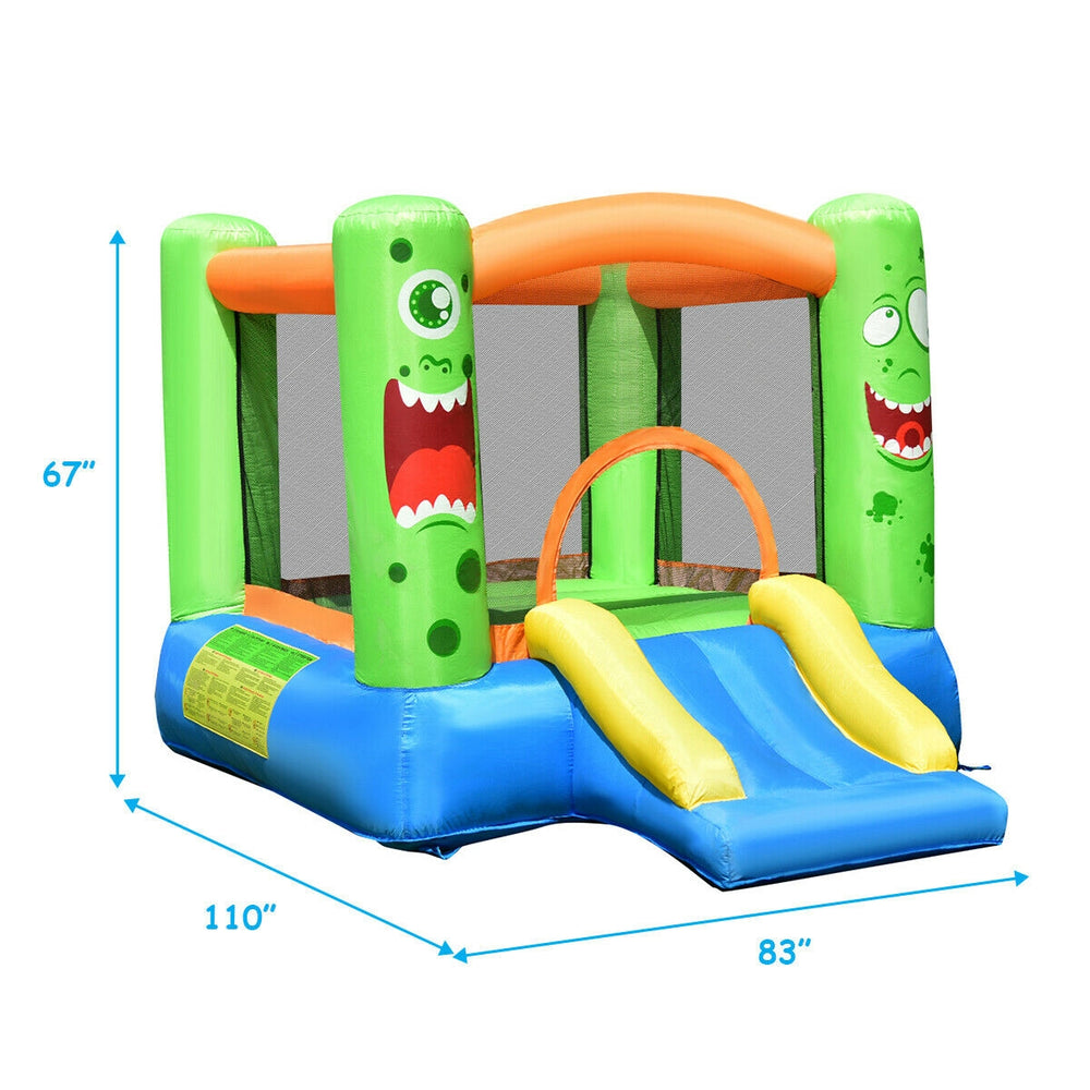 Brightly colored inflatable bounce house with slide, built-in basketball hoop, and mesh walls for safety, ideal for.