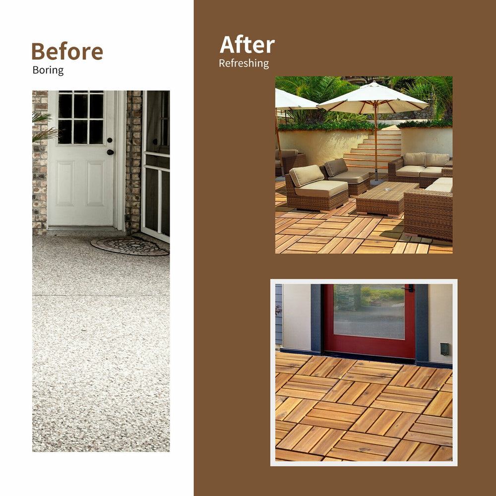 Acacia wood interlocking patio deck tiles in a refreshed outdoor setting, ideal for patios and indoor spaces.
