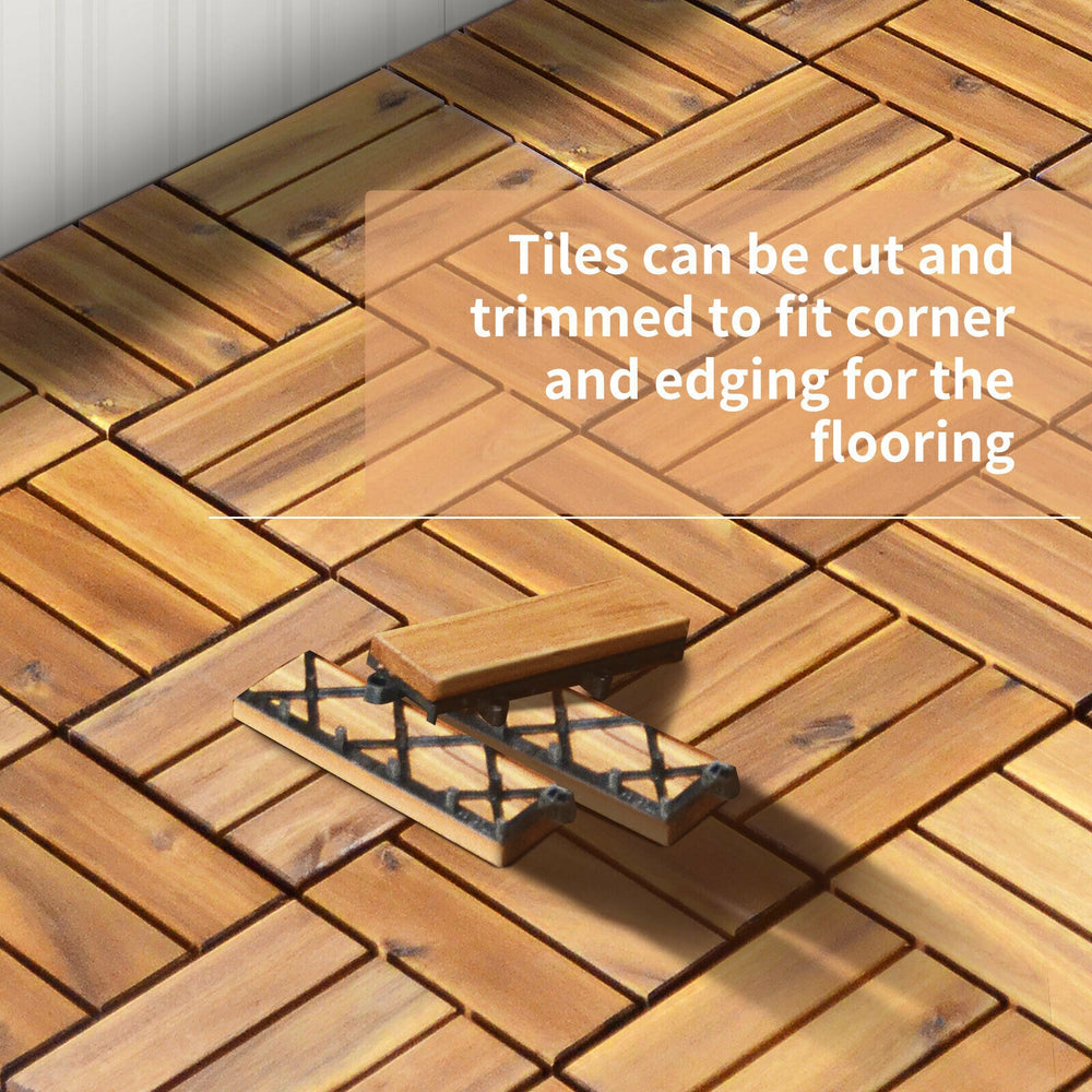 Acacia wood interlocking patio deck tiles, 12 x 12 inches, ideal for DIY flooring in outdoor and indoor spaces.