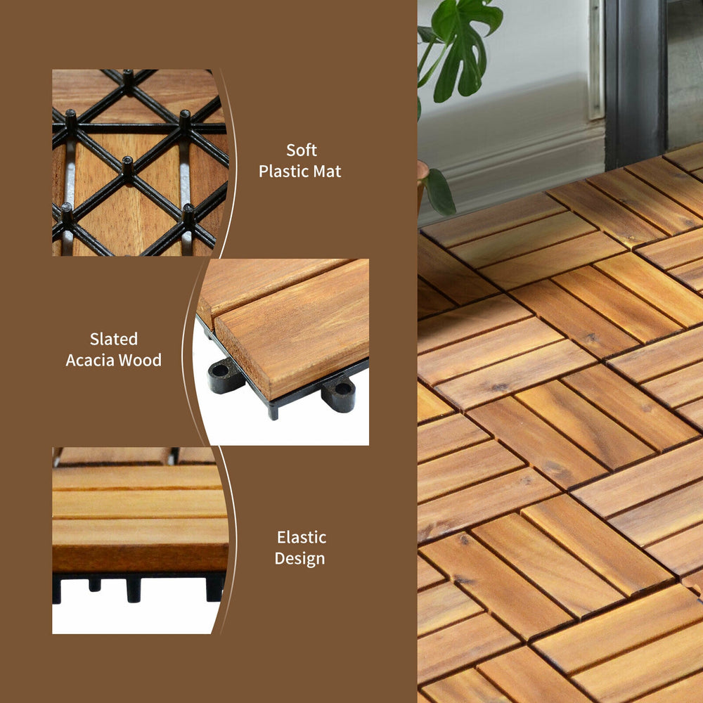 Interlocking acacia wood patio deck tiles with soft plastic mats, ideal for terrace and indoor flooring solutions.