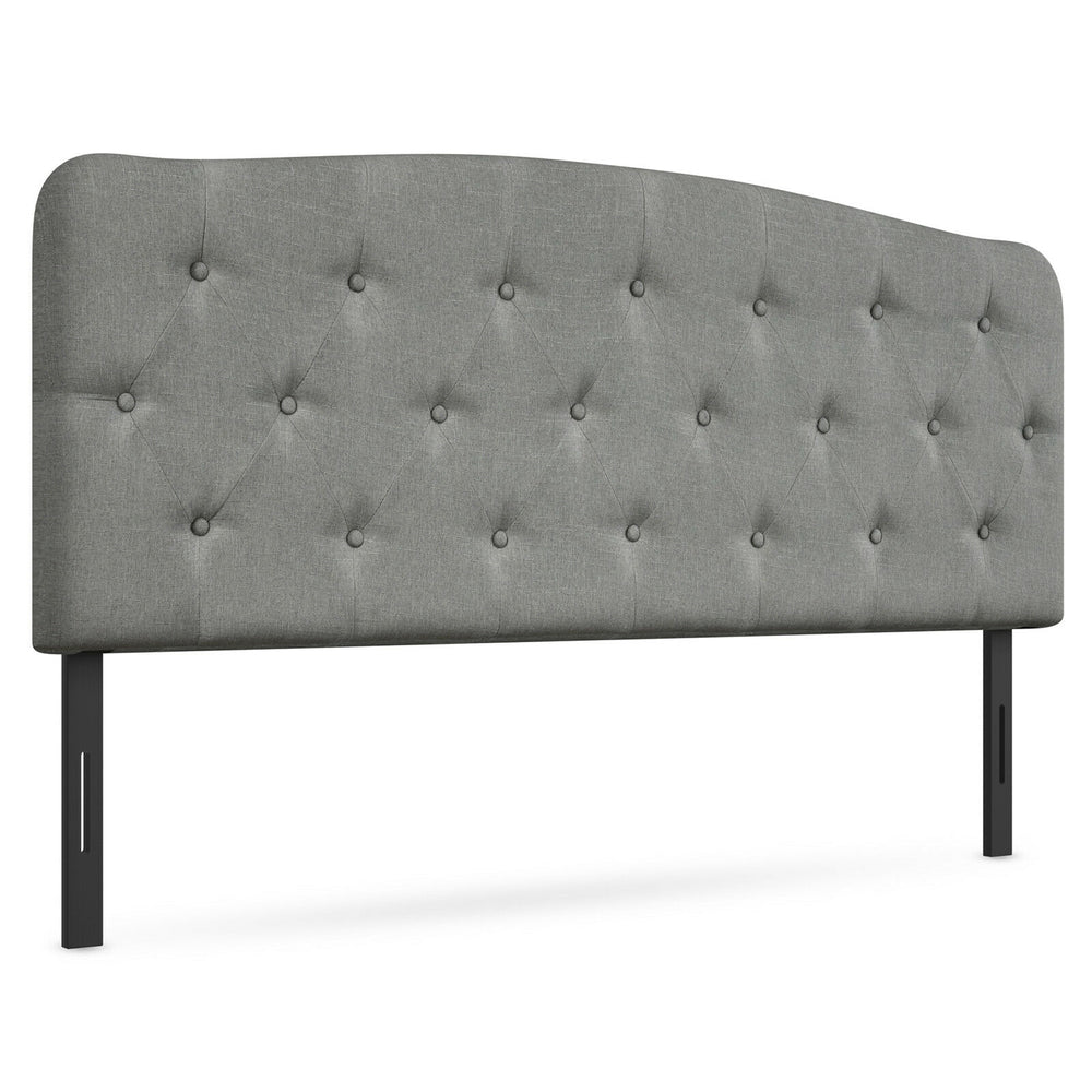 Light gray faux linen headboard with button detailing, adjustable heights, and sturdy plywood construction for full.