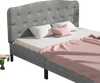 Light gray faux linen headboard with button detailing, adjustable heights, suitable for full size bed frames.