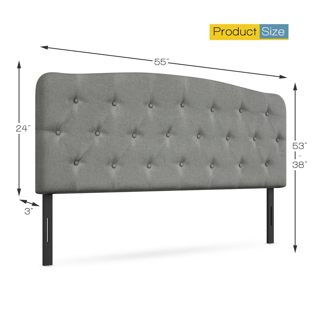 Light gray faux linen headboard with button design, adjustable heights of 38" or 53", suitable for full size bed frames.
