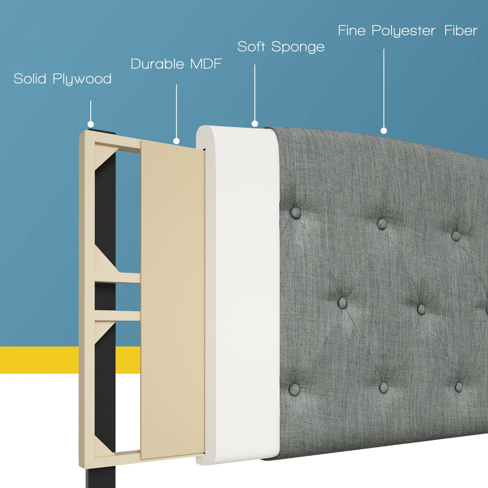 Light gray faux linen headboard with adjustable heights, solid plywood, and soft sponge for comfort and durability.