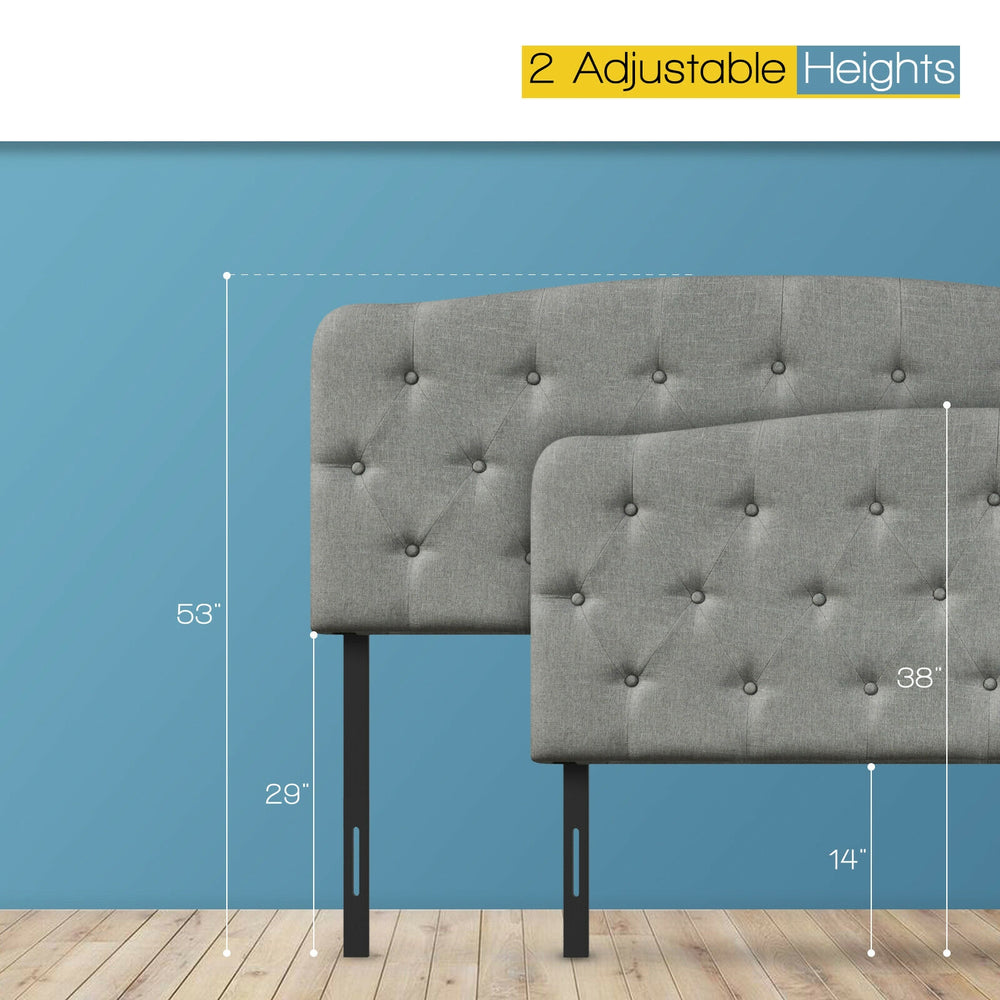 Light gray faux linen headboard with adjustable heights of 38" and 53", featuring button stitching for added elegance.