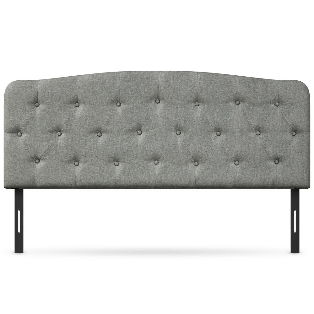Light gray faux linen headboard with button stitching, adjustable heights, and sturdy plywood construction for full.