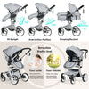 Folding aluminum infant reversible stroller in gray with adjustable backrest and large storage basket for easy.