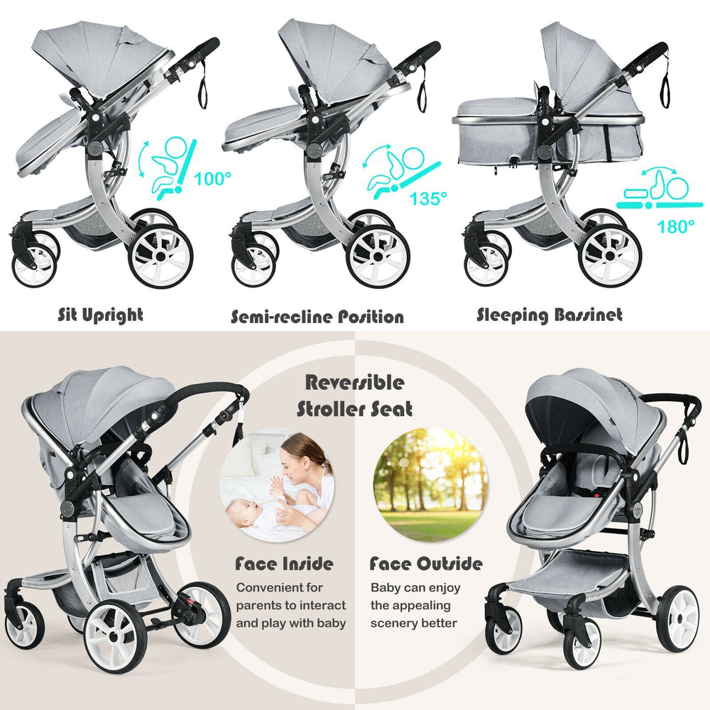 Folding aluminum infant reversible stroller in gray with adjustable backrest and large storage basket for easy.