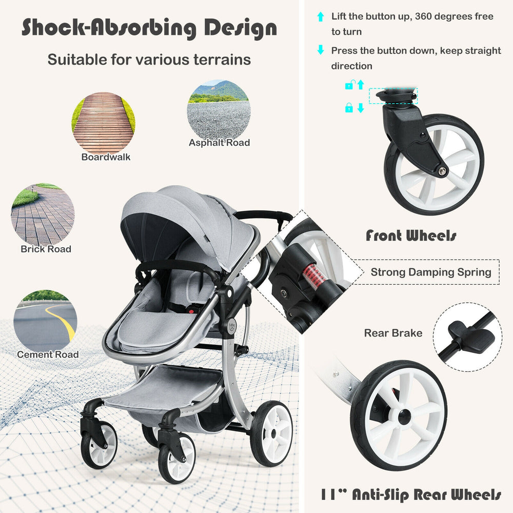 Folding gray aluminum stroller with shock-absorbing wheels, adjustable backrest, and removable foot cover for infants.