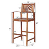 Outdoor acacia wood bar chair with sunflower backrest, armrests, and dimensions for patio or balcony use.