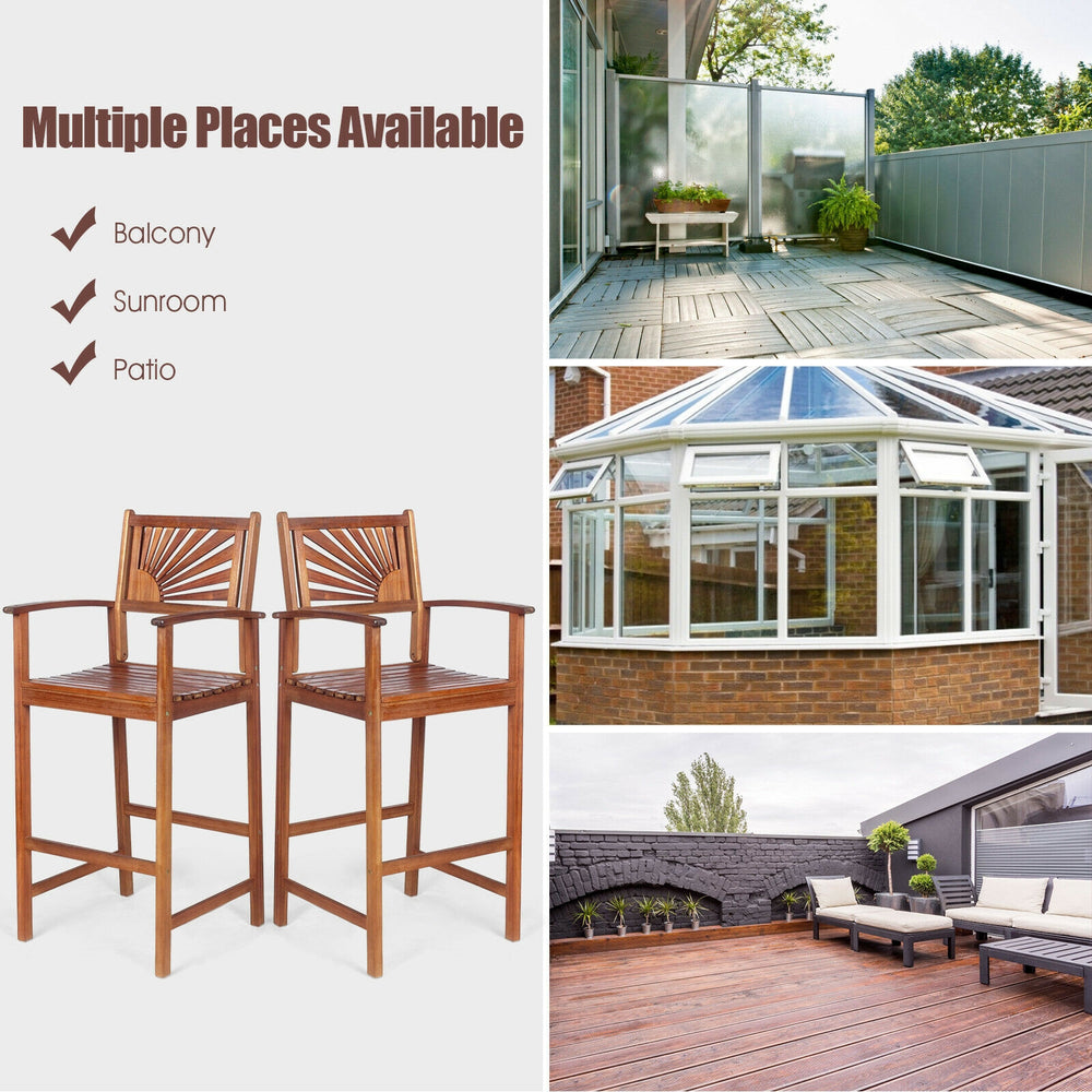 Acacia wood bar chairs with sunflower backrest, perfect for patio, balcony, or sunroom use, showcasing stability and.