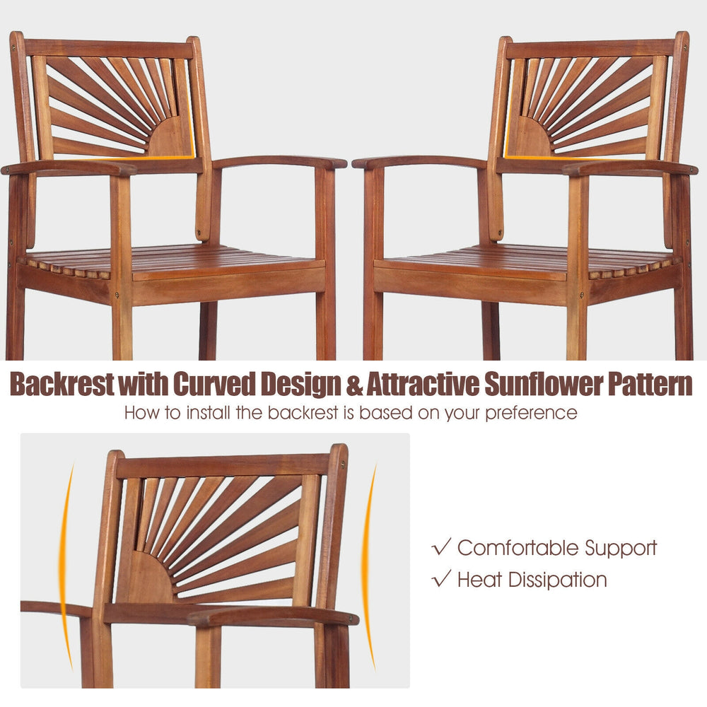 Outdoor acacia wood bar chair featuring a sunflower backrest, designed for comfort and stability in patio settings.