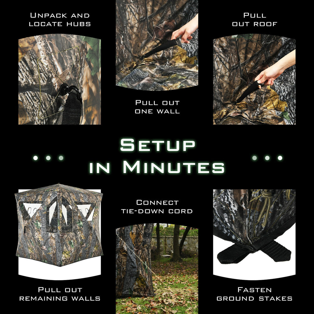 3 Person Portable Pop-Up Ground Tent with gun ports, durable polyester, and camouflage design for effective hunting.