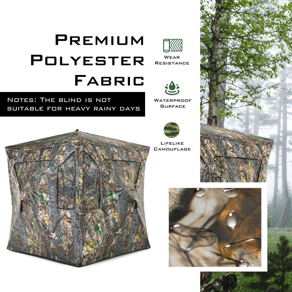 3-person portable pop-up hunting tent with gun ports, made of durable polyester fabric, ideal for outdoor hunting.
