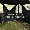 Spacious 3-person portable pop-up hunting tent with camouflage design and gun ports for enhanced outdoor concealment.