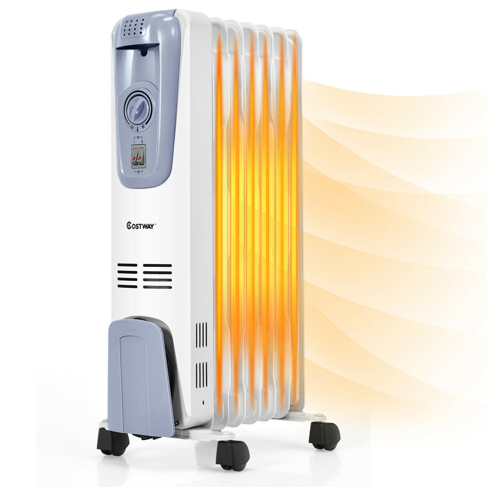 1500W oil-filled radiator with adjustable thermostat and 4 wheels, ideal for silent heating in living rooms or bedrooms.