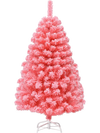 Pink Christmas tree with snow flocked PVC tips, 4.5 ft tall, on a sturdy metal stand, perfect for festive decor.