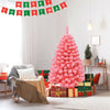 Pink Christmas tree with snow flocked PVC tips, 4.5 ft tall, surrounded by gifts for festive holiday decor.
