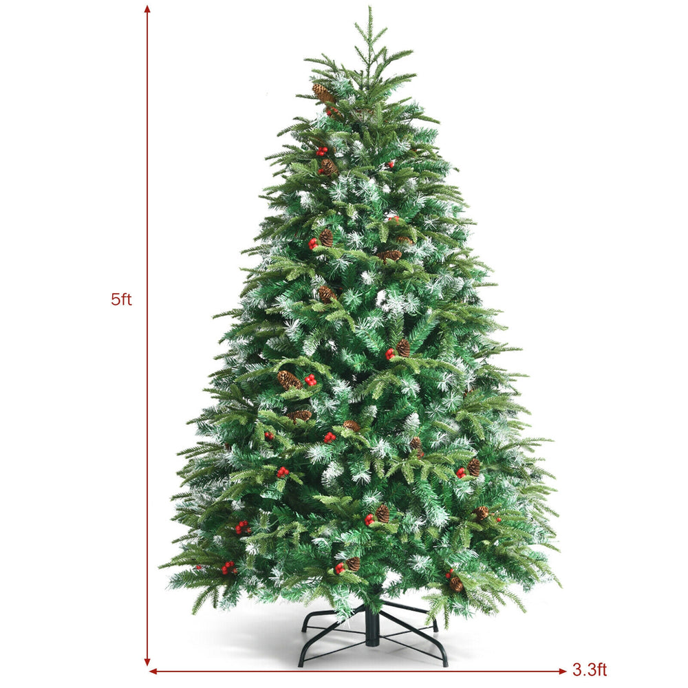 5ft pre-lit snowy Christmas tree with multi-color lights, red berries, and pine cones, ideal for festive home.