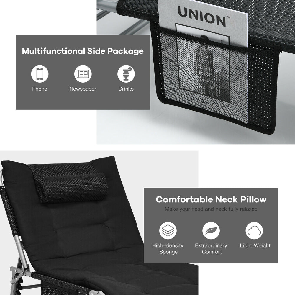 Oversized black folding lounge chair with removable mattress and neck pillow, ideal for outdoor relaxation and easy.