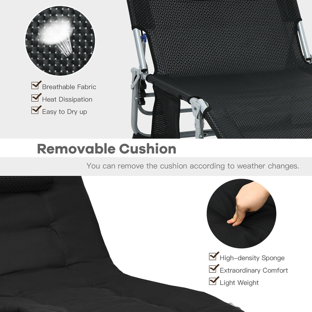 Oversized padded folding lounge chair in black with removable cushion, featuring breathable fabric for outdoor comfort.