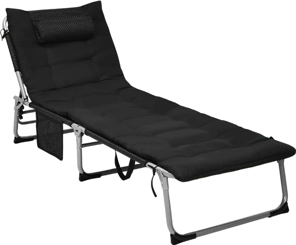 Black 4-fold oversized padded folding lounge chair by the poolside, featuring a removable mattress and adjustable.