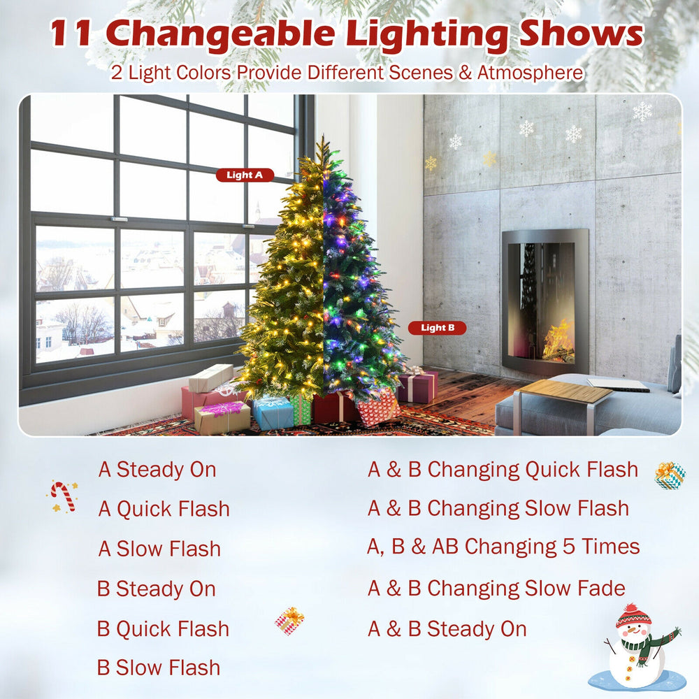 5 ft snowy Christmas tree showcasing a lush design with multi-color lights and festive decorations for holiday cheer.
