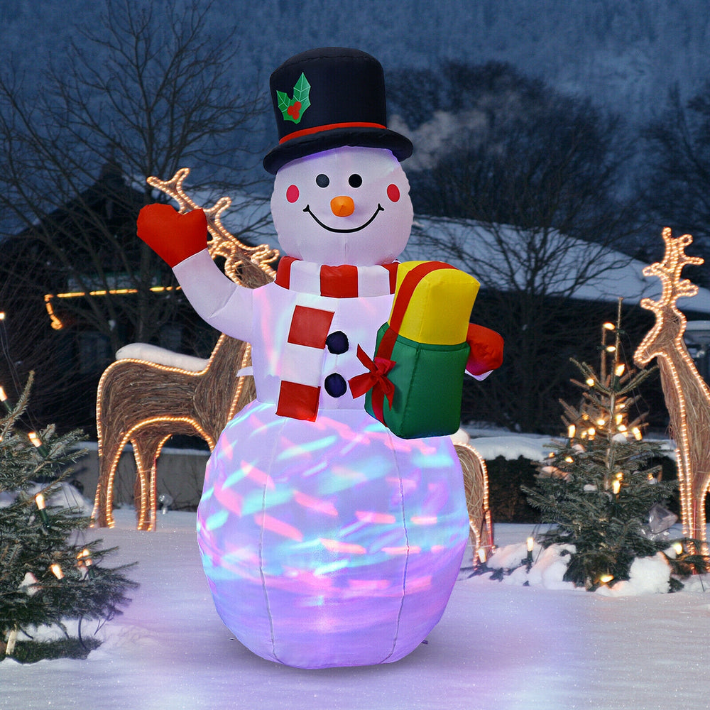 5-foot tall inflatable snowman with colorful LED lights, perfect for festive yard decoration during Christmas.