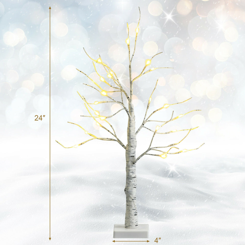 Pre-lit 24-inch white twig birch tree with 24 LED lights, flexible branches for indoor holiday decoration.