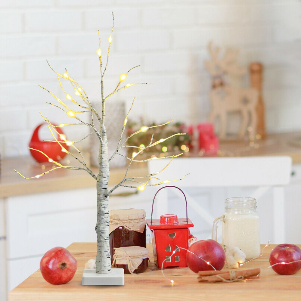 Pre-lit 2 feet white twig birch tree with 24 LED lights, perfect for indoor Christmas holiday decoration.