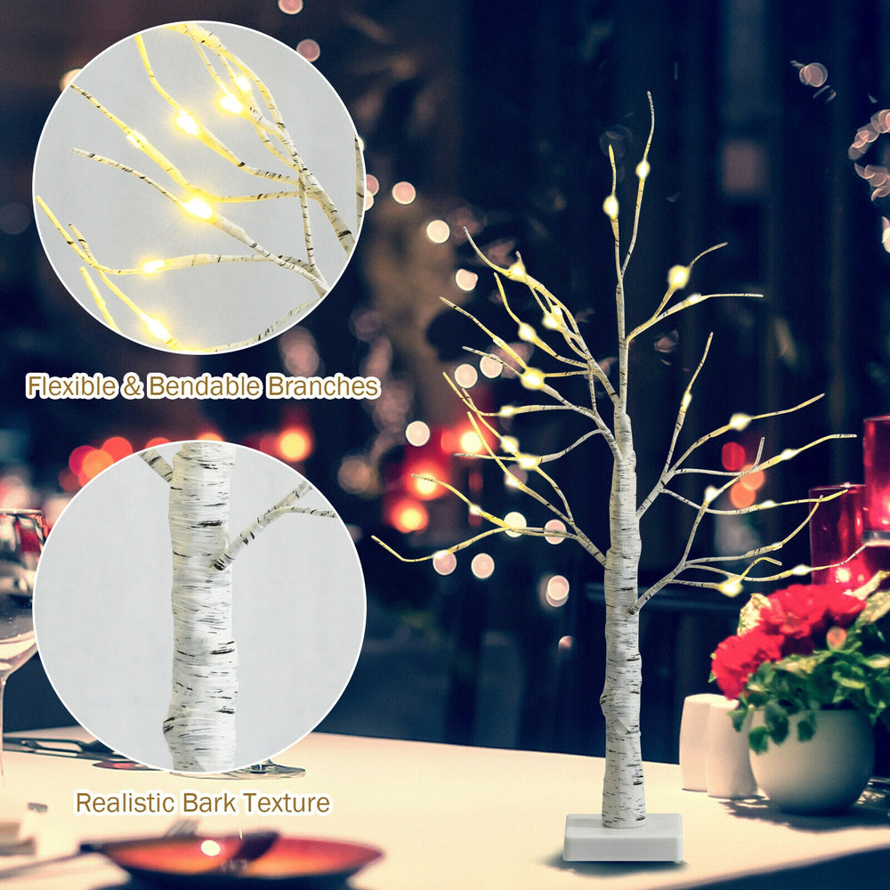 2 feet pre-lit white twig birch tree with flexible branches and realistic bark texture, perfect for holiday decoration.