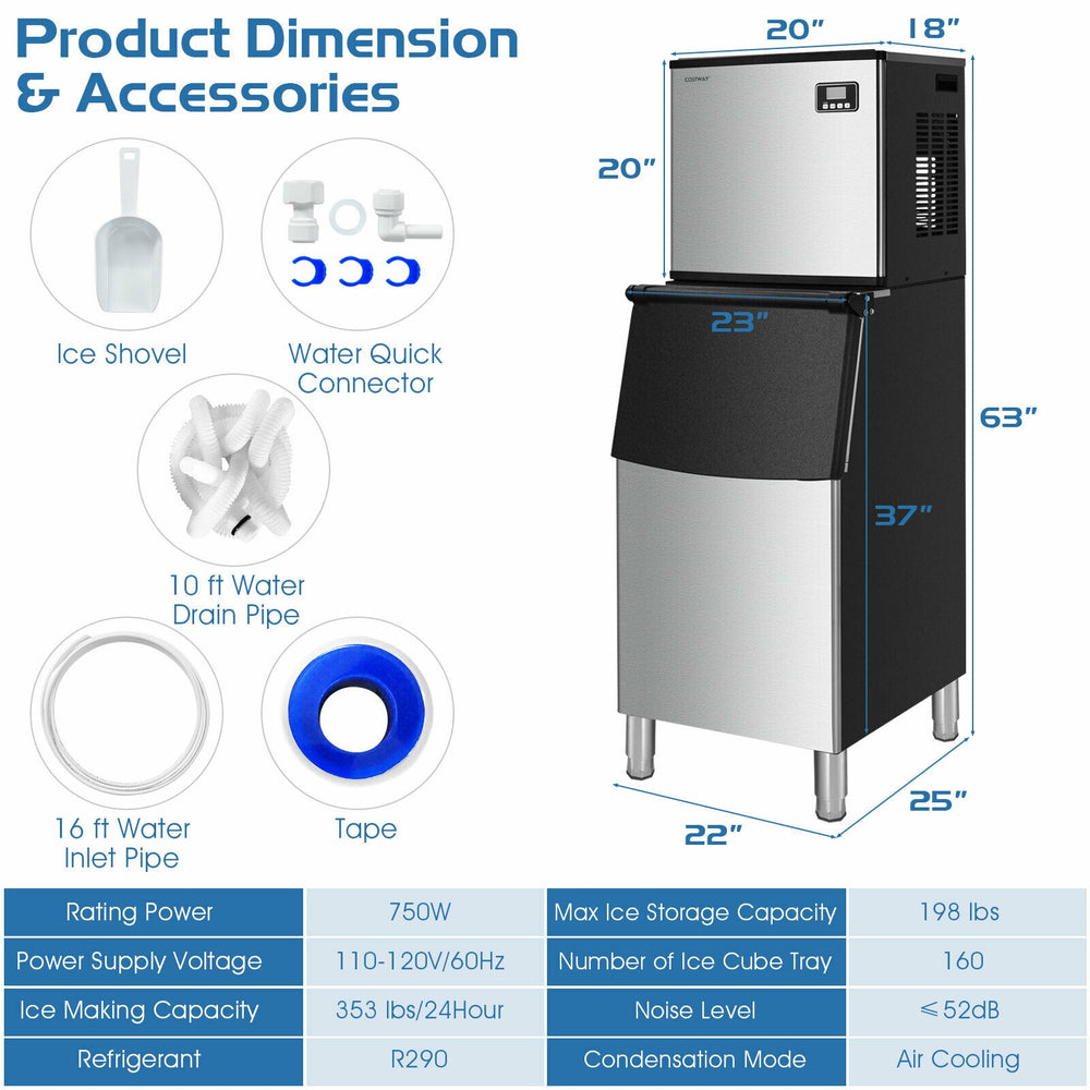 Split commercial ice maker with 198 lbs storage bin, producing 353 lbs of ice daily, featuring a smart LCD control.
