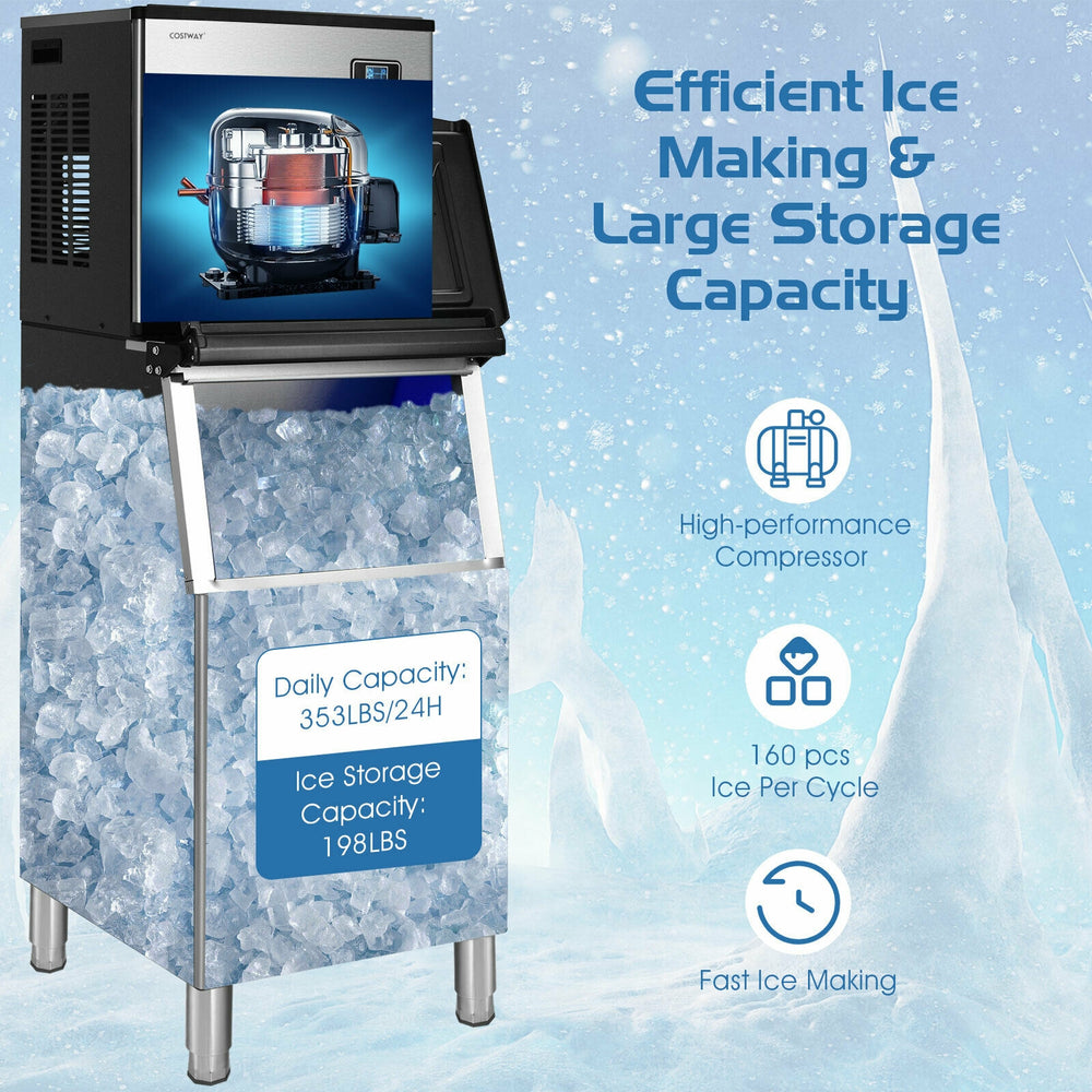 Split commercial ice maker producing 353 lbs of ice daily with 198 lbs storage, featuring a smart LCD control panel.
