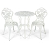 White outdoor cast aluminum patio furniture set with rose design, featuring a round table and two chairs for elegant.