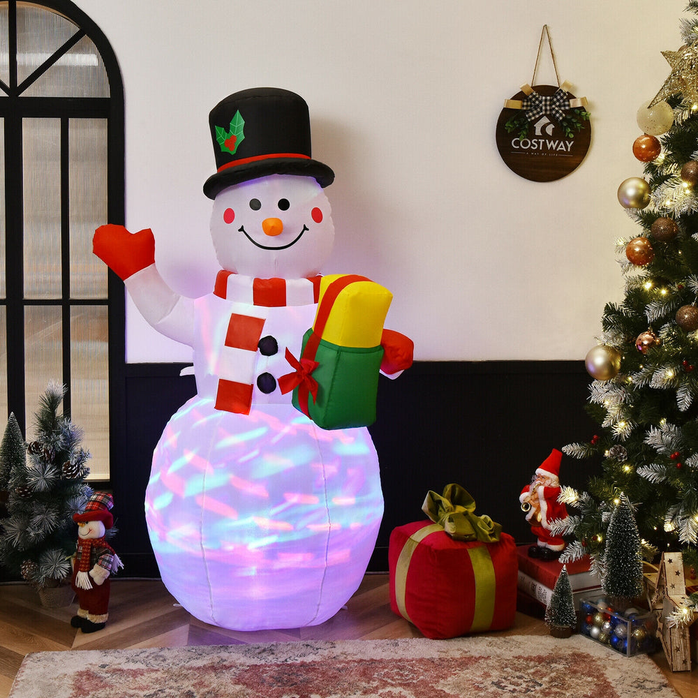 5-foot tall inflatable snowman with colorful LED lights, perfect for festive outdoor decoration during Christmas.
