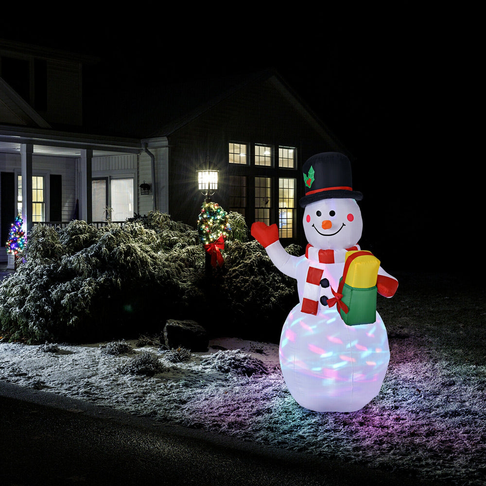 5-foot inflatable snowman with colorful LED lights, perfect for festive yard decoration during Christmas celebrations.