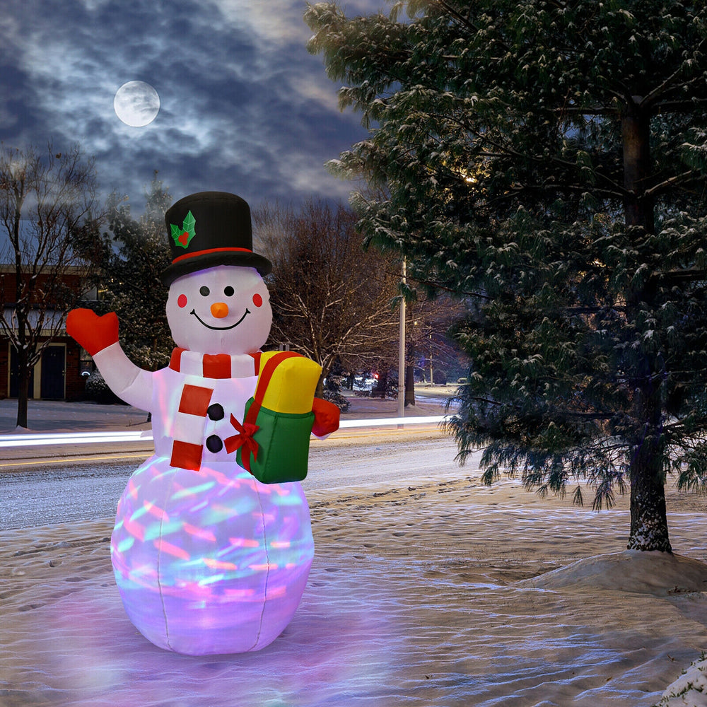 5-foot tall inflatable snowman with a warm smile and colorful LED lights, ideal for holiday yard decoration and cheer.