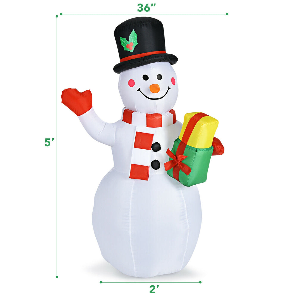 5-foot inflatable snowman with a cheerful smile and gifts, featuring built-in colorful LED lights for festive outdoor.
