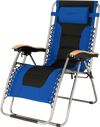 Oversize blue zero gravity lounge chair with padded seat, adjustable reclining angle, and curved wood armrests for.