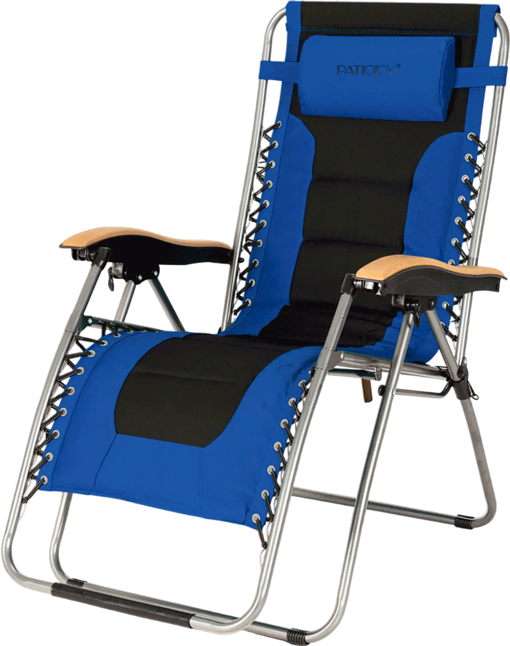 Oversize blue zero gravity lounge chair with padded seat, adjustable reclining angle, and curved wood armrests for.