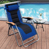 Side view of the oversized blue zero gravity lounge chair showcasing its curved wood armrests and detachable pillow for.
