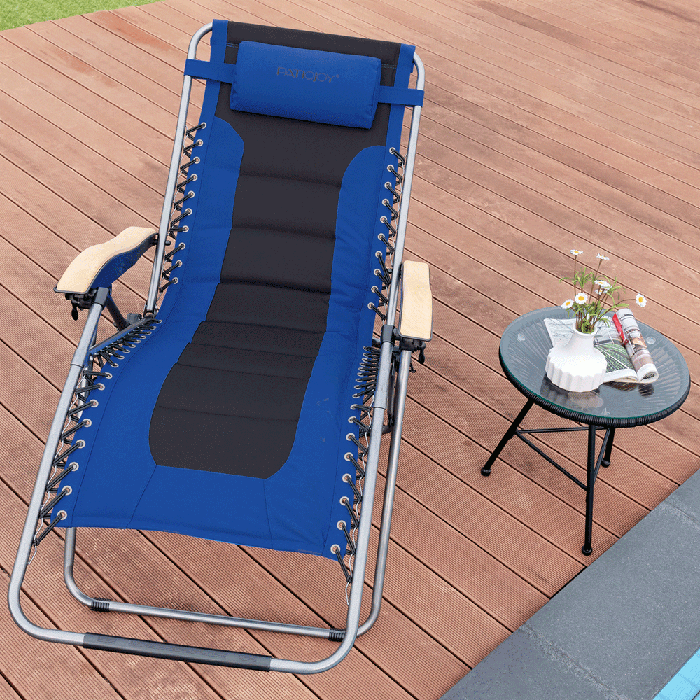 Oversize blue zero gravity lounge chair with padded seat and adjustable reclining angle, perfect for outdoor relaxation.