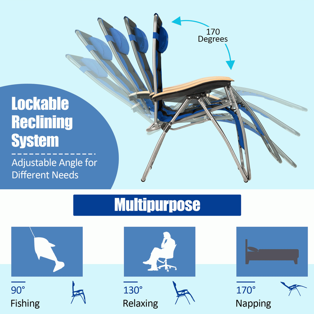 Adjustable blue zero gravity lounge chair with padded seat, reclining up to 170 degrees for ultimate comfort and.