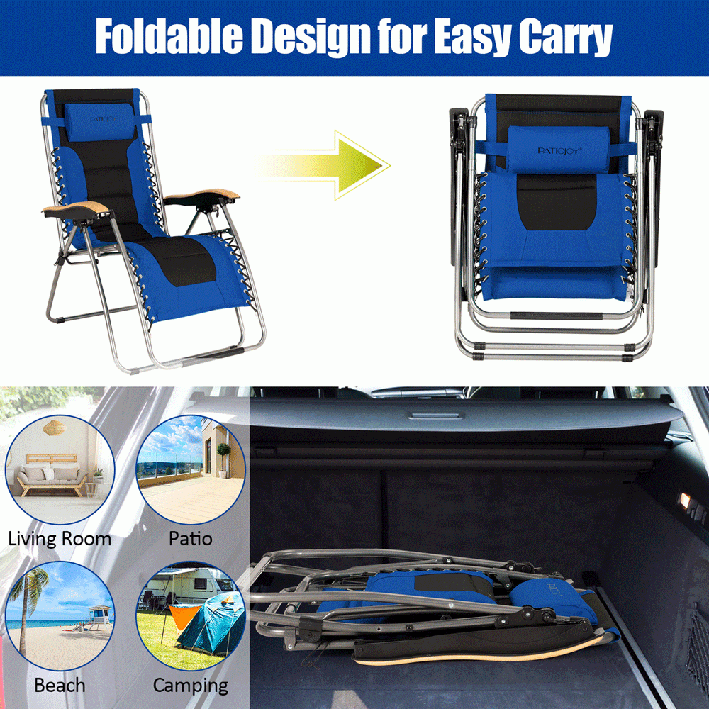 Oversize blue folding adjustable zero gravity lounge chair with padded seat and back, perfect for camping or patio use.