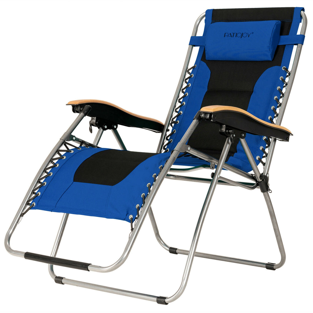 Oversize blue zero gravity lounge chair with adjustable reclining angle and padded seat for ultimate comfort.