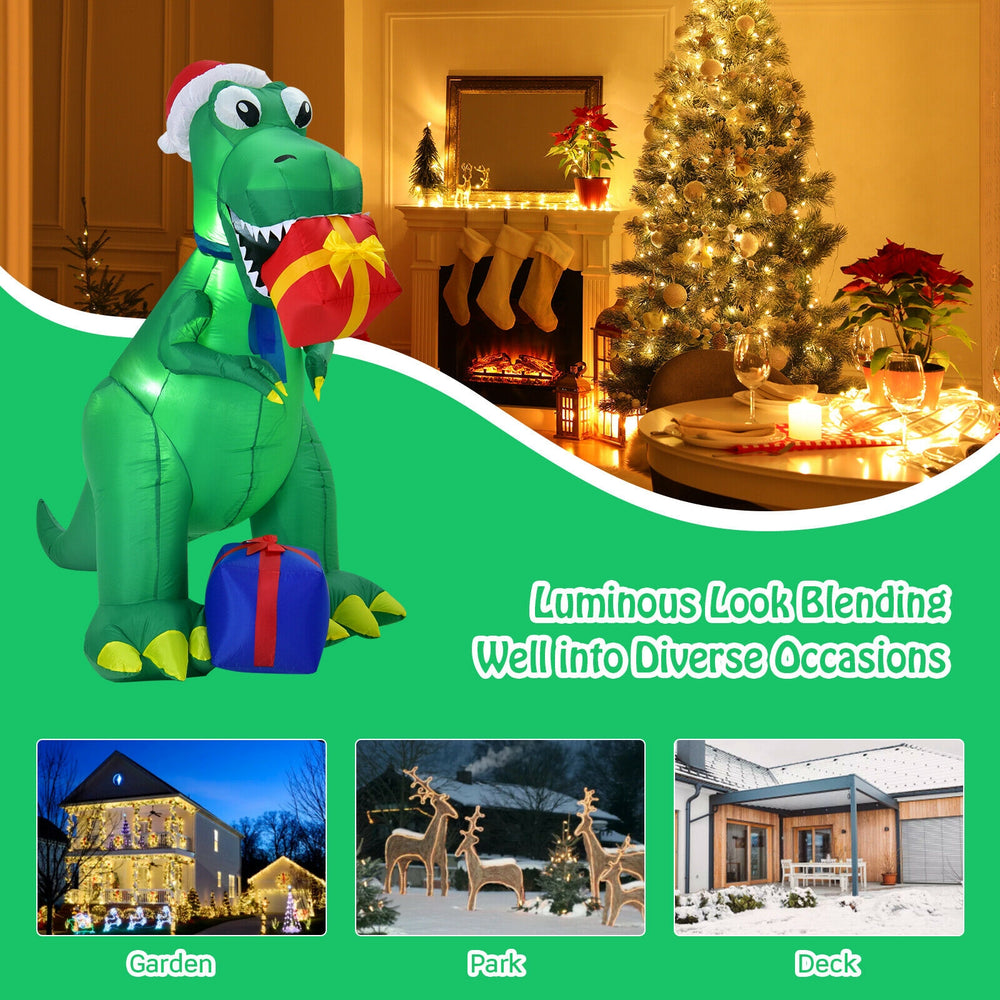6-foot Christmas inflatable dinosaur with gifts, made of waterproof polyester, ideal for indoor and outdoor holiday.