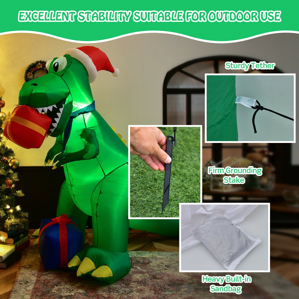 6-foot Christmas inflatable dinosaur with LED lights, gifts, and sturdy grounding stakes for indoor and outdoor use.