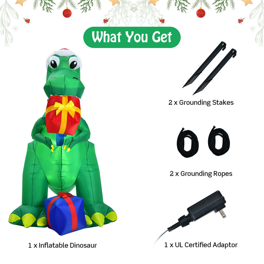 6-foot Christmas inflatable dinosaur with gifts, made of waterproof polyester, ideal for indoor and outdoor decoration.